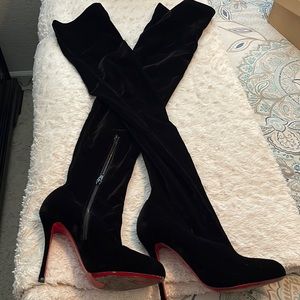 Christian Louboutin Velvet Thigh High Black Heel Boots Size 38.5